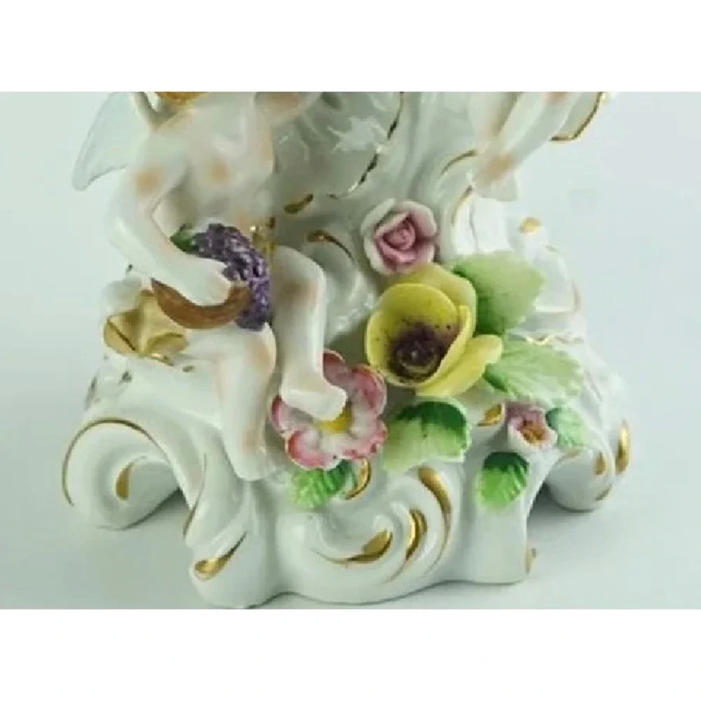 Vintage Porcelain Cherub Cornucopia Vase F-46 Rococo Floral Gold Trim 9in